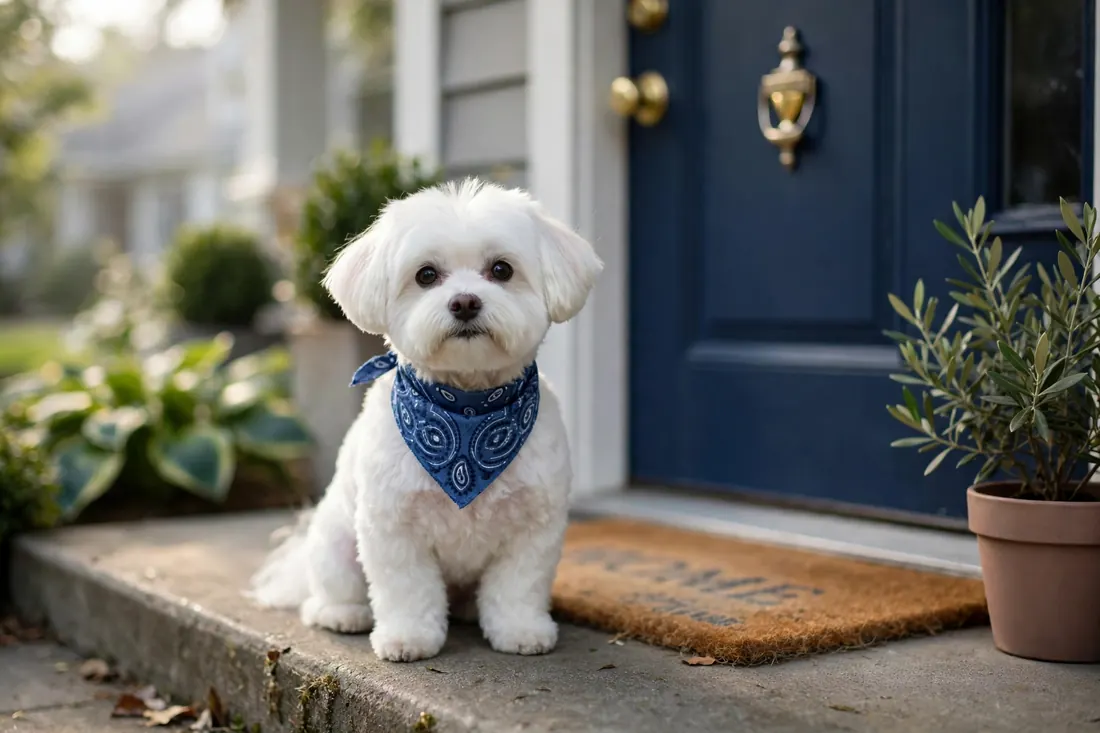 A small freshly groomed dog wearing a bandana, sitting on a front doorstep