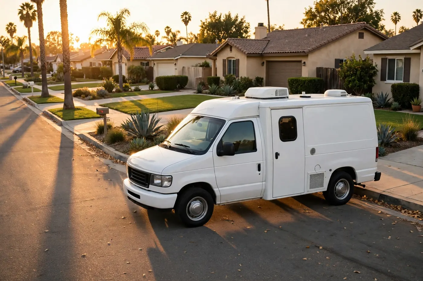A grooming van parked at the curb of a Southern California street at golden hour
